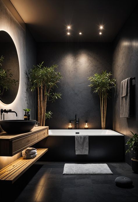 22 Inspiring Dark & Moody Bathroom Designs for Your Next Remodel Moody Minimalist Bathroom, Dark Elegant Bathroom, Black Master Bathrooms Luxury, Moody Spa Bathroom, Minimalist Bathroom Decor Ideas, All Black Bathroom Ideas, Bathroom Interior Black, Dark And Moody Bathrooms, Dark Luxury Bathroom