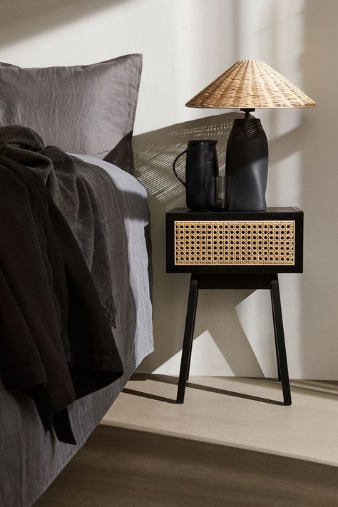 Rattan Black Bedside Table, Black Rattan Bedroom, Caning Furniture, Rattan Bedroom, Sofa Table Decor, Minimal Living Room, Black Bedside Table, Black Rattan, Bedside Table Design