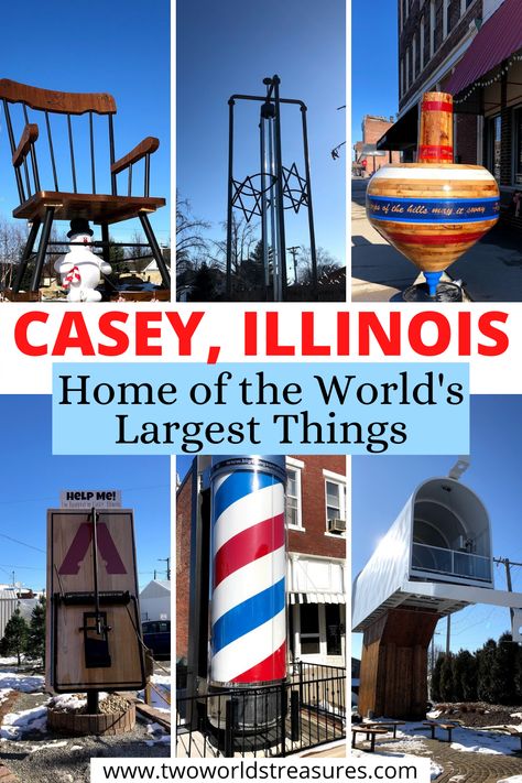 Visit Casey Illinois for world's largest things | What to see in Casey Illinois | Things to do in Casey Illinois | Big things in a small town | Where to see world's biggest things records holder | Roadside attractions in Illinois | World's largest rocking chair | World's largest chime #caseyillinois #illinoisroadtrip #roadtripamerica Casey Illinois Worlds Largest, Illinois Travel Places To Visit, Southern Illinois Travel, Illinois Bucket List, Things To Do In Illinois, Casey Illinois, Metropolis Illinois, Records Holder, Travel Illinois