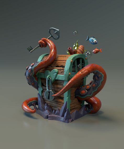 ArtStation - Treasure Chest, Victor Beltran Underwater Cartoon, Chest Ideas, Creative Book Covers, Treasure Chests, Game Textures, Witch Room, Props Concept, Magic Bottles, Board Game Design