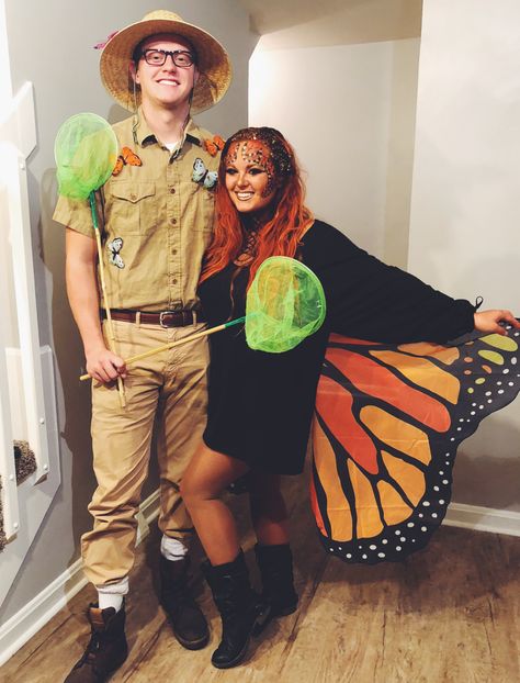 Butterfly and Butterfly catcher couples costume Cute Diy Halloween Costumes, Diy Halloween Costumes For Couples, Diy Butterfly Costume, Last Minute Couples Costumes, Butterfly Catcher, Monarch Butterfly Costume, Butterfly Halloween Costume, Butterfly Halloween, Halloween Costumes Diy Couples