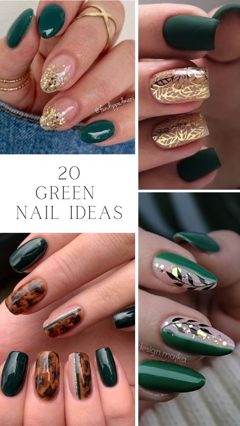 Check out our list of 20 beautiful green nail designs. Perfect for any time of year, and especially for holidays like Christmas or St. Patrick's Day. ✨ Forest Green Nails Gold Accent, Dark Green Nails With Gold Design, Hunter Green And Gold Nails, Green Nails With Gold Glitter, Hunter Green Nails Design, Dark Green And Gold Nails, Emerald Green Nails Short, Dark Green Nails Designs, Gold And Green Nails