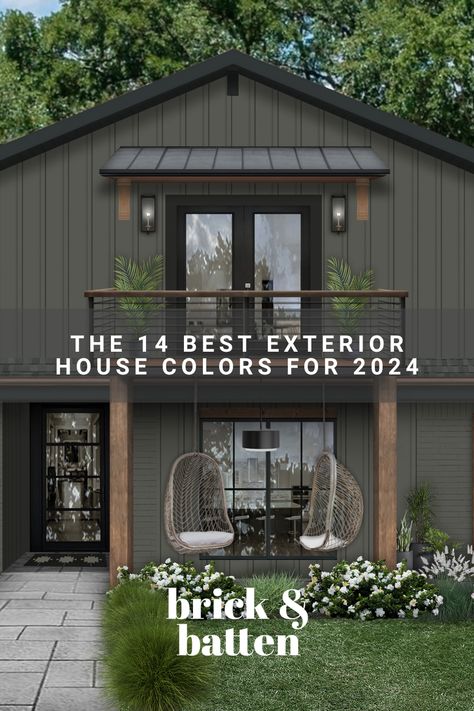 We're excited to present our list of the best exterior house colors for 2024. Whether you desire something dark and moody or light and bright, there’s a designer-approved hue here for everyone. View the full list and let us know which color is your favorite: https://bit.ly/3R3XXux Dark Green Painted Brick House, Modern Cabin Exterior Ideas, Exterior Mountain Home Paint Colors, Exterior House Colors With Garage Door, Mountain Cottage Exterior Paint Colors, Sand Exterior House Colors, Green Exterior With Brick, Mid Century House Exterior Colors, Green Mountain House Exterior