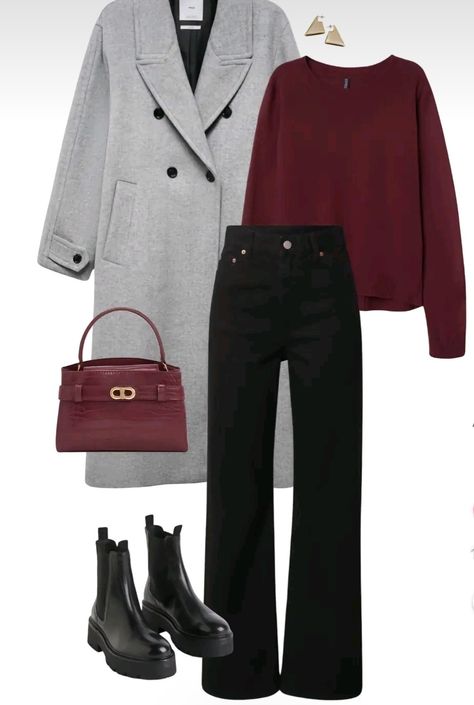 Formal Wear Women Winter, Outfit Ideas With Grey Coat, Rome Winter Outfits What To Wear, Classy Fall Dinner Outfit, Wool Blend Coat Women Outfit, Monaco Winter Outfit, London Outfit Winter Classy, How To Wear Burgundy, Outfits With Grey Coat