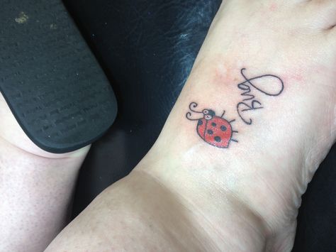 Lady Bug tattoo on top of foot with daughters nickname Bug Tattoo Foot, Favorite Tattoos, Lady Bug Tattoo, Ankle Tattoos For Women, Bug Tattoo, Ink Inspiration, Shoulder Tattoos For Women, Braided Ponytail Hairstyles, Tattoo Cover-up