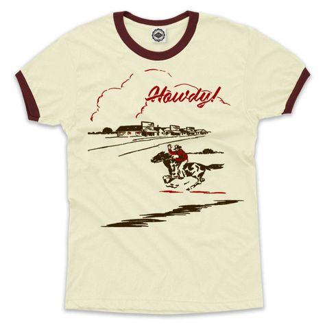 Say "Howdy!" in this vintage inspired short-sleeve, ringer t-shirt. Hank Player is proudly designed and crafted in Los Angeles, California with the finest quality materials. Made of super-soft, ringspun jersey, our tees will have a weathered, worn-in feel after the first wash. Printed with Oeko-Tex Standard 100 certified ink, each item will have slight variations in color and print creating Hank Player's one-of-a-kind look. Our tees are a fitted style, please order one size larger for a looser fit. Mens Ringer Tee Outfit, Ty Dye, Cowboys Men, Fitted Style, Ringer Tee, Vintage Western, Los Angeles California, Vintage Tees, Graphic Shirts