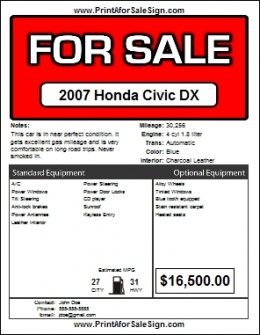 An example of the printable for sale sign offered by Print A For Sale Sign.com Info Sheet Template, Porsche Boxter, 2007 Honda Civic, Sale Signs, Small Luxury Cars, Typed Notes, Honda Civic Dx, Sale Sign, Sale Windows