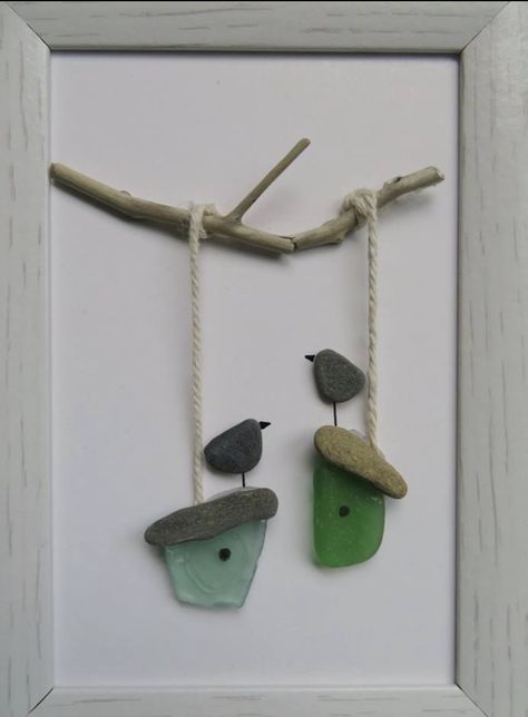 Stone Pebble Art, Seaglass And Pebble Art, Pebble Birds Stone Art, Seaglass Pebble Art, Sea Glass Art Birds, Rock And Sea Glass Art, Pebble Art On Canvas, Seaglass Art Birds, Beach Glass Birds