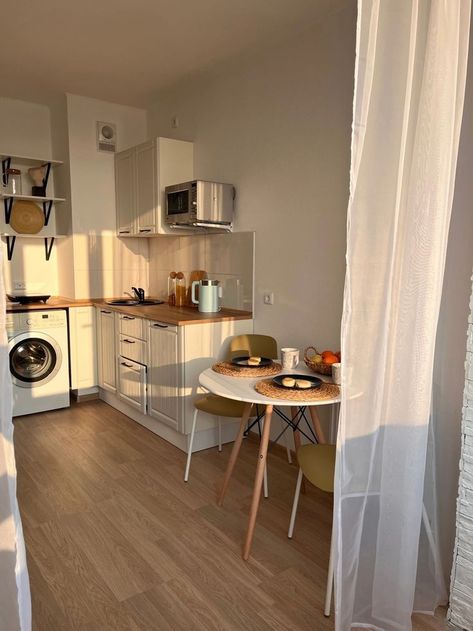 Ikea Tiny Apartment, Small Apartment Kitchen And Living Room, Small Unit Ideas Apartments, Studio Apartment Kitchenette, Small Appartment Astetics, Small Living Ideas Space Saving, Small Kitchen Dining Ideas, Small Minimal Apartment, Studio Apartment Kitchen Ideas