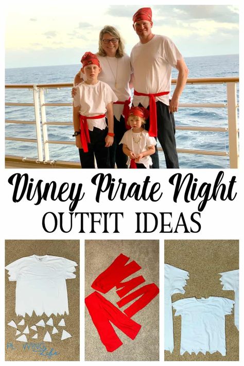 Pirate Night on a Disney Cruise - Plowing Through Life Diy Family Pirate Costumes, Dcl Pirate Night Outfit, Pirates Theme Party Outfit, Disney Cruise Costume Ideas, Home Made Pirate Costumes, Pirate Themed Costumes, Disney Cruise Pirate Night Outfit Ideas, Pirate Dress Up Day At School, How To Dress Like A Pirate