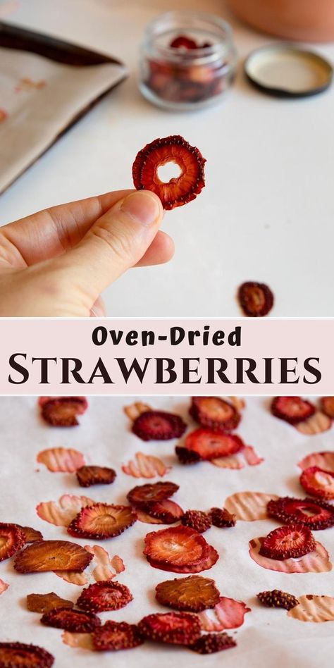 oven dried strawberries up close and one pan. Oven Dried Strawberries, Food Photography Tutorial, Easy Oven, Dried Strawberries, Valentines Food, Finger Food Appetizers, Homemade Granola, Easy Appetizer Recipes, Spring Recipes