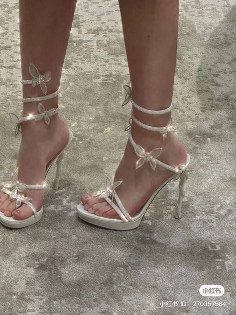 White Heels With Butterflies, White Rhinestone Heels, White Heels Sparkly, Prom Heels Aesthetic, Prom Shoes Aesthetic, White High Heels Aesthetic, Butterfly Heels Aesthetic, Wedding Heels Aesthetic, White Prom Heels