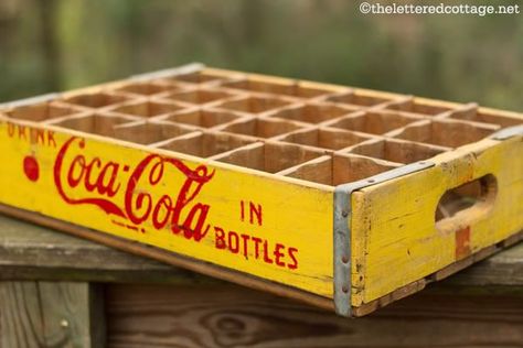 Old Coke Crate Ideas, Old Coke Crates, Coke Crate Ideas, Family Heirloom Display, Milk Crate Furniture, Milk Crate Storage, The Lettered Cottage, Lettered Cottage, Coke Collectibles