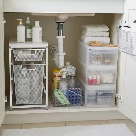 Bathroom Under Sink Starter Kit | The Container Store Bathroom Under Cabinet Storage, Bathroom Cupboard Organization Under Sink Master Bath, Storage Ideas For Under Bathroom Sink, Under Sink Organization Bathroom Diy, Under Sink Makeup Organization, Bathroom Cabinets Storage Under Sink, Under The Sink Organization Bathroom, Bathroom Storage Ideas Under Sink, Under Bathroom Sink Storage Ideas