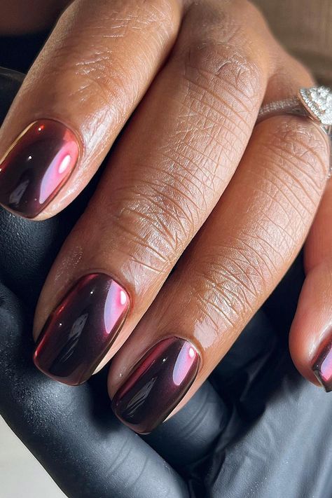 From simple accents to serious sparkle. Dark Chrome Nails Short, Chrome Burgundy Nails, Brown Chrome Nails, Burgundy Chrome Nails, Black Chrome Nails, Ombre Chrome Nails, Purple Chrome Nails, Brown Chrome, Chrome Manicure