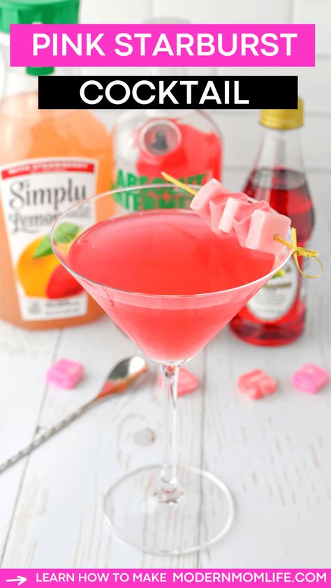 Craft your own Pink Starburst Martini with our easy-to-follow recipe. Inspired by your favorite chewy candy, this drink doesn't disappoint. #CocktailRecipes #PinkCocktail #PinkDrinks #VodkaDrinks #StarburstDrinks Easy Cocktail Recipes Christmas, Starburst Margarita, Easy Martini Recipes Vodka, Pink Drink Cocktail, Pink Party Cocktail, Cotton Candy Martini Recipe, Pink Martini Recipe, Girls Night Drink Ideas, Cute Pink Drinks