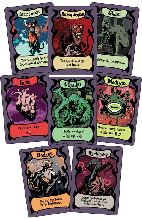 Cool Board Games, Tcg Card Design, Card Game Design, Illustration Business Cards, Game Card Design, Myths & Monsters, Mad Love, Board Game Design, Hp Lovecraft