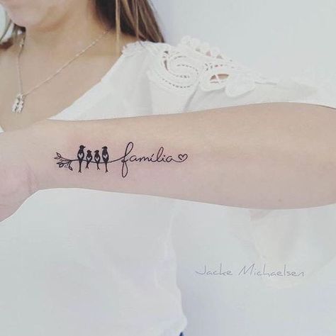 Family Of Six Tattoo Ideas, Tattoo Ideas Location, Bird Tattoo Family, Minimal Family Tattoo Ideas, Family Birds Tattoo, Family Bird Tattoo, Family Of Four Tattoo Ideas, Tattoos Family Ideas, Minimal Family Tattoo