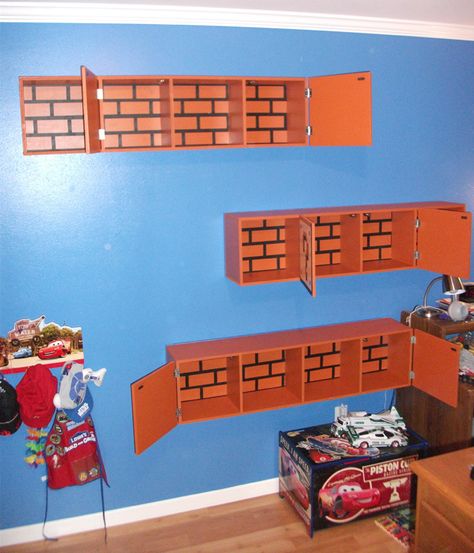 Bowser Bedroom Ideas, Super Mario Kids Room, Mario Brothers Bedroom Ideas, Mario Theme Room, Super Mario Room Ideas Boys, Nintendo Room Ideas, Mario Shelves, Mario Bedroom Ideas, Super Mario Bedroom Ideas