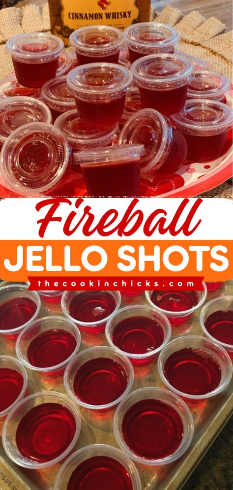 Turn to this jello shot recipe for an easy 4th of July drink! It's a summer cocktail recipe featuring fireball whiskey. Fun to drink with an amazing taste, these Fireball Jello Shots are sure to be a crowd favorite! Tailgate Alcohol Ideas, Fireball Shots Jello, Simple Jello Shots, Fire Ball Jello Shots Recipe, Sangria Jello Shots Recipes, Mimosa Jello Shots Recipes, Cherry Fireball Jello Shots, Soju Jello Shots, Jello Shots With Titos