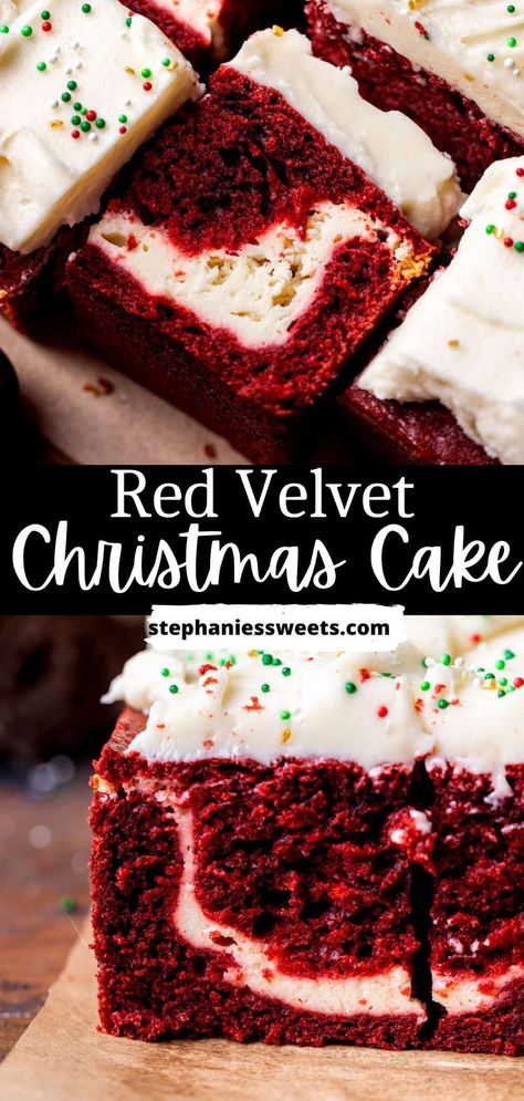 This red velvet Christmas cake is a one layer red velvet cake with a cheesecake layer in the middle. Topped with cream cheese icing. It is perfect to make for the holiday season. Individual Red Velvet Cake, One Layer Red Velvet Cake, Red Velvet Cake Cream Cheese Frosting, Healthy Red Velvet Cake, Red Velvet Cake Icing, Red Velvet Cake Mix Recipes, Red Velvet Christmas Cake, Christmas Sheet Cake, Red Velvet Sheet Cake