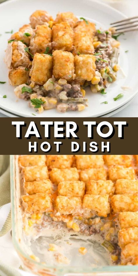 My Tater Tot Hot Dish is the ultimate comfort food casserole, combining crispy potato tots with a savory, homemade filling. This easy and quick meal is a simple delight that can be whipped up in no time, making it a perfect weeknight dinner or side dish. Delve into the warm, hearty goodness of this classic homemade comfort food. Tator Tot Recipe, Tater Tot Hot Dish, Comfort Food Casserole, Homemade Tater Tots, Tater Tot Hotdish, Easy Tater Tots, Hotdish Recipes, Tater Tot Recipes, Potato Tots