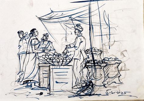 Daily Life Composition Drawing, Fruit Market Memory Drawing, Indian Market Sketch, Simple Composition Drawing, Ceed Exam Drawings, Market Scene Composition, Fruit Seller Drawing, Market Scene Sketch, Market Composition Drawing