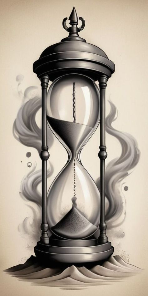 Sand Clock Tattoo Design, Hourglass Tattoo Men, Sand Clock Tattoo, Hourglass Tattoo Design, Clock Drawings, Spartan Tattoo, Hourglass Tattoo, Sand Clock, Clock Tattoo Design