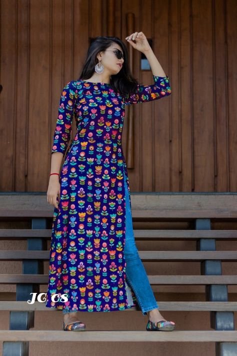 Fabric - reyon digital print Size - M L XL XXL 4 Attractive colour Kurti Captions For Instagram, Dress Patron, Straight Kurti Designs, Maternity Sewing, Simple Kurta, Kurtis Designs, Plazzo Suits, Indian Kurti Designs, Simple Kurta Designs