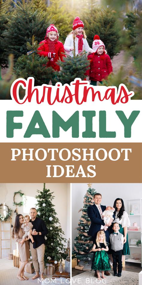 Collage of indoor and outdoor family Christmas pictures, Christmas family photoshoot inspiration, holiday card ideas, and Christmas family photo outfits. Christmas Family Photoshoot Ideas, Indoor Christmas Photos, Outdoor Photography Poses, Funny Family Christmas Photos, Christmas Tree Photoshoot, Christmas Photoshoot Kids, Outdoor Christmas Photos, Christmas Photography Family, Photography Ideas For Couples