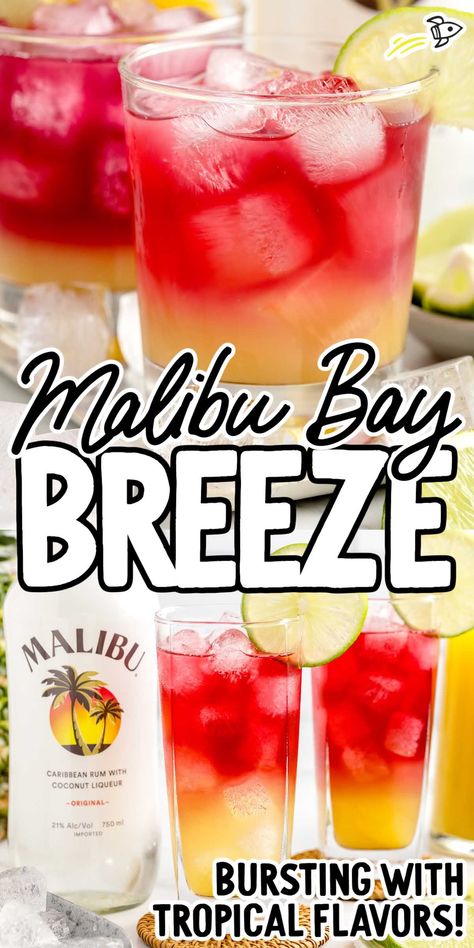 Our Malibu Bay breeze is a tropical cocktail made with pineapple juice, coconut rum, and cranberry juice for a refreshingly sweet and tart taste. Sweet Liquor Drinks Alcohol, Malibu Breeze Drink, Alcoholic Drinks Easy 3 Ingredients, Delicious Drinks Alcohol, Good Fruity Alcohol Drinks, Non Sweet Alcoholic Drinks, Drink Ideas Alcoholic Easy, Malibu Breeze Recipe, Drinks With Strawberry Malibu