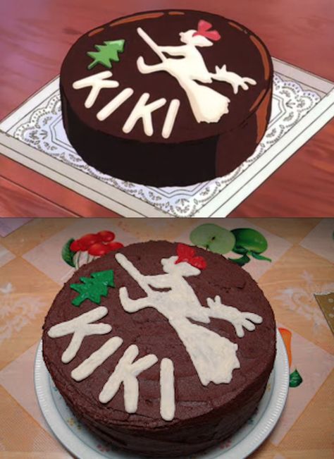 Kiki's delivery service cake! This would be a fun cake for my birthday, since my nickname is Kiki :) Kikis Delivery Service Decor, Studio Ghibli Themed Snacks, Studio Ghibli Sweet 16, Ghibli Inspired Food, Studio Ghibli Birthday Cakes, Gibli Studio Birthday Party, Studio Ghibli Cupcakes, Studio Ghibli Party Food, No Face Cake