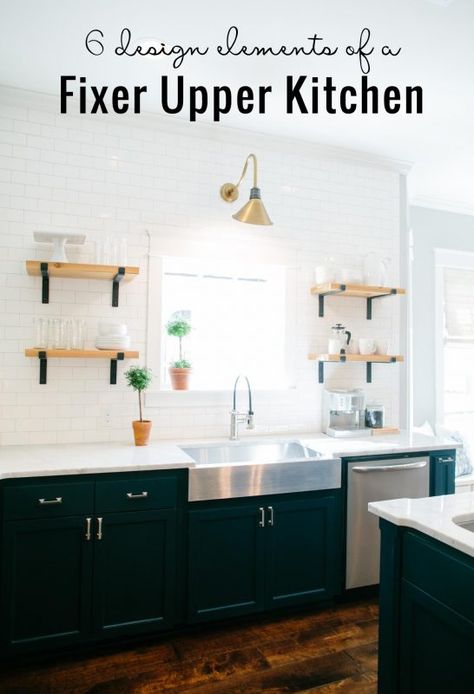 6 Design Elements of a Fixer Upper Kitchen + DIY Options Goose Neck Lighting, Kitchen Lighting Over Sink, Lighting Over Sink, Kitchen Window Shelves, Magnolia Fixer Upper, 3 Little Pigs, Fixer Upper Kitchen, Pig House, Magnolia Market