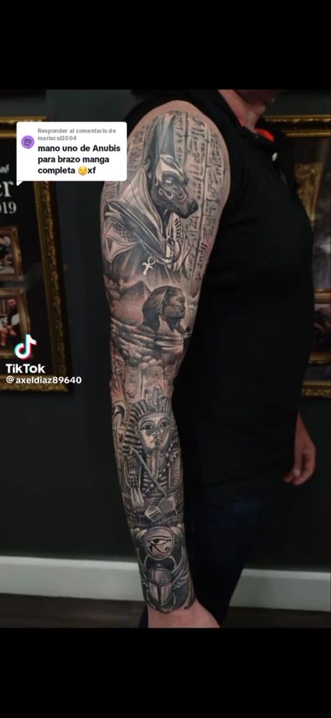 Mens Egyptian Tattoo Sleeve, Tattoo Sleeve Egyptian, Leg Tattoo Egyptian, Arabic Sleeve Tattoo Men, Egypt Leg Sleeve, Egyptian Mythology Tattoo Sleeve, Realistic Egyptian Tattoo Design, Egyptian Arm Tattoo, Egyptian Theme Tattoo