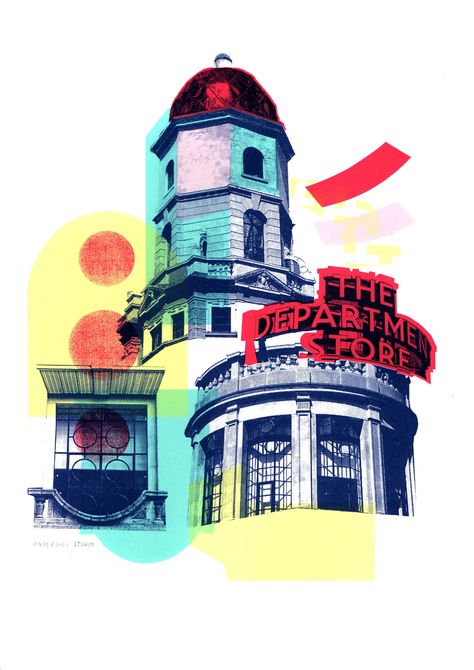 An homage to Brixton and its vibrant, bustling centre. This 5 layer screenprint features the newly refurbished Department Store set within its original 1876 building. Printed by hand by the members of Underway Studio onto 280gsm Lambeth Cartridge paper. Art Alevel, Screen Printing Art, Building Illustration, Architecture Collage, Building Art, Gcse Art, Printed Art, London Print, A Level Art