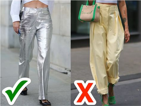 Styles of Pants That Will Be in and Out in 2024 + Photos Styles Of Pants, Metallic Pants, Pant Trends, Winter Pants, Denim Trends, Pleated Pants, Performance Outfit, Women's Wardrobe, Black Bodysuit