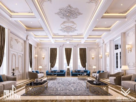 The men’s majlis is one of the most famous places in the home in the Emirates and the Gulf countries, and it is noted from its design that it is distinguished by luxury and sophistication, and in this design we relied on the neo-classical style and used light colors in the walls and its consistency with the varied colors of furniture between beige and purssian in addition to We have adopted modern lighting in the design. Classic Interior Design Luxury, Mansions Interior, Miami House, Mansion Aesthetic, Luxury Mansions, Be Design, Luxury Living Room Design, Foyer Design, Classic Interior Design