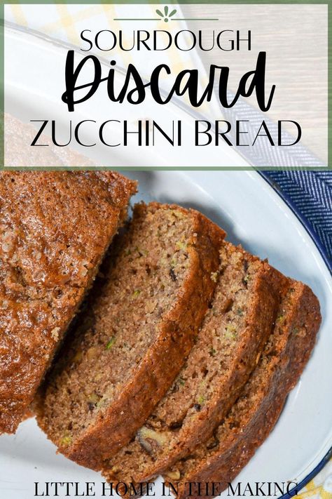 This easy sourdough zucchini bread recipe is made with leftover sourdough starter, shredded zucchini, and crunchy walnuts! This sourdough discard recipe is great for using all of that zucchini that appears in the summer months, and is freezer friendly too! Gift a loaf to a friend, or freeze some for another day! If you're looking for sourdough zucchini recipes, you've found an awesome one with this simple bread recipe. Bread With Sourdough Starter, Sourdough Zucchini Bread Recipe, Sourdough Zucchini Bread, Sourdough Zucchini, Sourdough Desserts, Simple Bread Recipe, Sourdough Discard Recipe, Spiced Zucchini, Easy Zucchini Bread