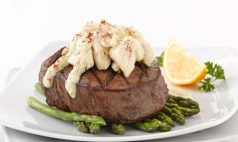 Crab Bearnaise over Steak - Harbor Seafood : Harbor Seafood Steak And Crab, Low Sodium Pancakes, Steak Toppings, Crab Legs Recipe, Steak Chili, Crockpot Steak, Bone In Ribeye, Creamy Crab