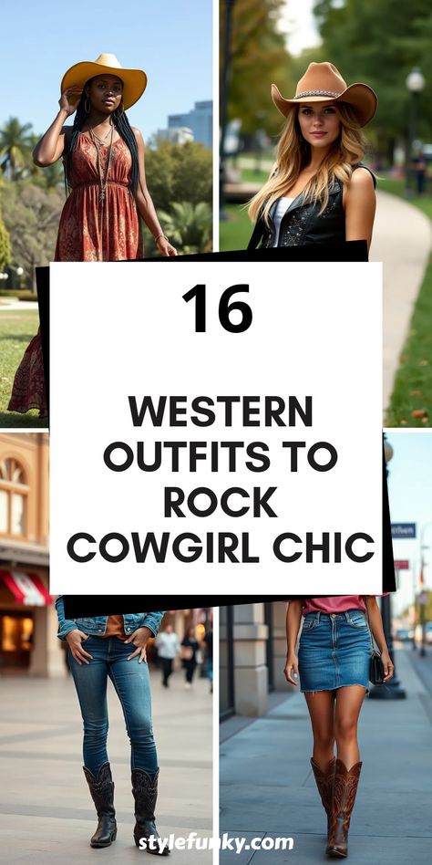 Looking to turn heads with Western flair? Explore these 16 must-have Western outfits for ladies that'll effortlessly add some cowgirl chic vibes to your closet! With options like a bohemian maxi dress paired with a cowboy hat, a studded leather vest over bootcut jeans, or even a stylish denim on denim ensemble, you're sure to find outfits that suit any occasion. Perfect for rodeos, festivals, or just a day out, these outfits guarantee you’ll shine bright no matter where you go! Get inspired today! Professional Bull Riding Outfit Women, How To Wear A Western Belt, Women’s Western Clothing, Ranch Clothes For Women, Dolly Parton Western Outfit, Women’s Cowgirl Outfits, Western Outfits Black Women Party, Black And Gold Western Outfit, Rodeo Dance Outfit