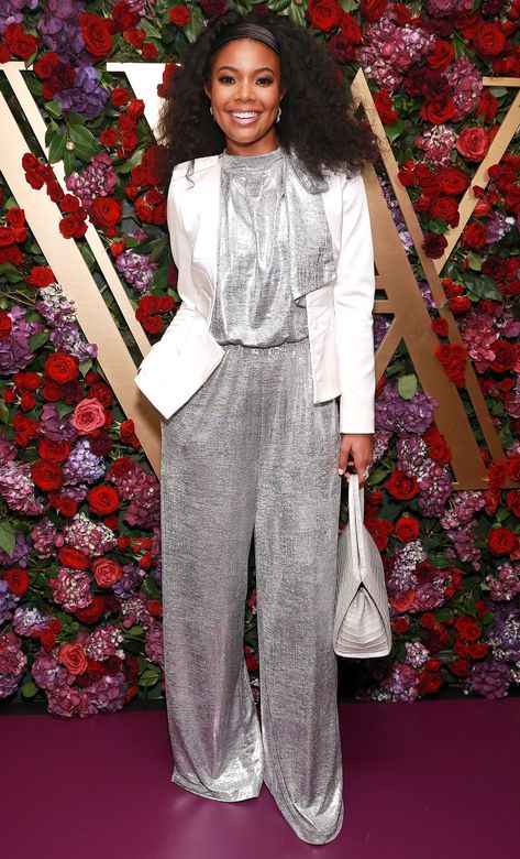 Silver Jumpsuit Outfit, Gabrielle Union Style, Silver Jumpsuit, Silver Jumpsuits, Metallic Jumpsuits, Wedding Dresses Vera Wang, Best Red Carpet Looks, Waldorf Astoria, Gabrielle Union