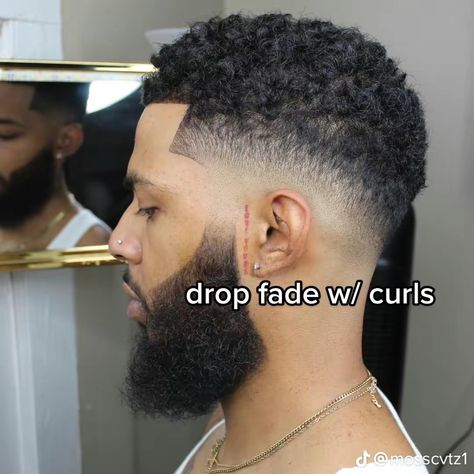 Curly Drop Fade Men, Mixed Mens Haircut, Faded Haircut For Men Curly Hair, Black Hair Cuts Men Fade, Drop Fade With Curls, Black Men Curly Hair Fade, Mid Drop Fade Curly Hair, Temple Fade Haircut Black, Mens Drop Fade