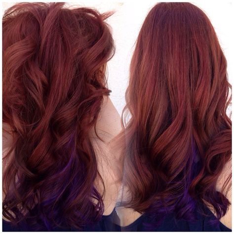 Red copper hair. Violet underneath. Red Hair Purple Underneath, Red Hair With Purple Peekaboos, Copper Underlights, Red Hair With Purple Underneath, Copper Hair With Dark Roots Red Ombre, Copper And Purple Hair, Copper Hair Red, Purple Underneath Hair, Digital Lookbook