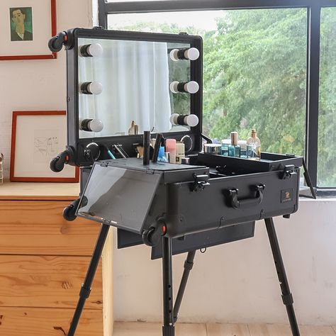 LUVODI professional makeup case with dimmable bulbs helps you do makeup easily even in a poor light area. You can adjust the brightness with dimmer as needed. Makeup Mirror Bathroom, Makeup Trolley, Professional Makeup Case, Rolling Makeup Case, Kitchen Improvements, Train Table, Makeup Station, Makeup Travel Case, Adjustable Legs