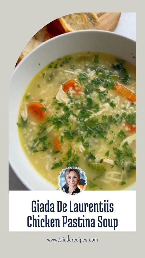 Giada De Laurentiis Chicken Pastina Soup Pasting Soup With Chicken, Pastina Chicken Soup, Giada De Laurentiis Recipes Pasta, Pastina Soup Recipes, Chicken Bone Soup, Chicken Pastina Soup, Chicken Pastina, Pastina Recipes, Pastina Soup