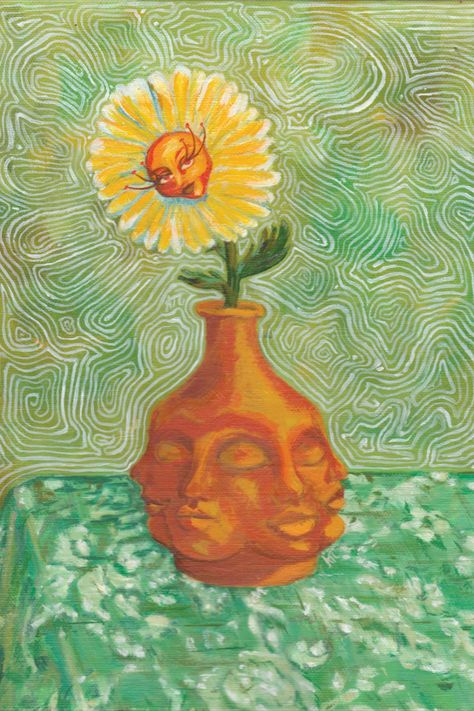 painting of a flower with a face coyly smiling Flower Power Movement, Surreal Flower Painting, Weird Flowers Drawing, Flower People Art, Floral Surrealism, Flower Surrealism, Surrealism Flowers, Growth Painting, Aesthetic Abstract Art