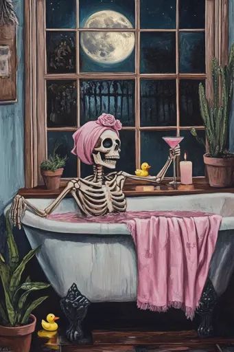 ↑↑↑ Larger size on website 🔸 The painting depicts a skeleton in a bathtub, enjoying a relaxing bath with a cocktail and a rubber Bathtub Art Drawing, Bathtub Painting, Pink Bathrobe, Tub Paint, Bathtub Pictures, Basement Hallway, Creepy Paintings, Shower Art, Bathroom Pics