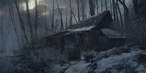 Cabin In The Woods Concept Art, Resident Evil Village Concept Art, Resident Evil Environment, Fantasy Cabin, Hunters Cabin, Snow Cabin, Leon Resident Evil, Fantasy Locations, Village Art