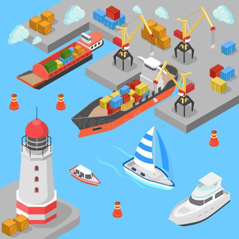 Nautical transport cargo shipping port flat 3d isometric vector vector illustration Marine Transportation, Airport Theme, Yacht Concept, Concept Web, Container Ship, 3d Isometric, Infographic Poster, Isometric Design, Isometric Illustration