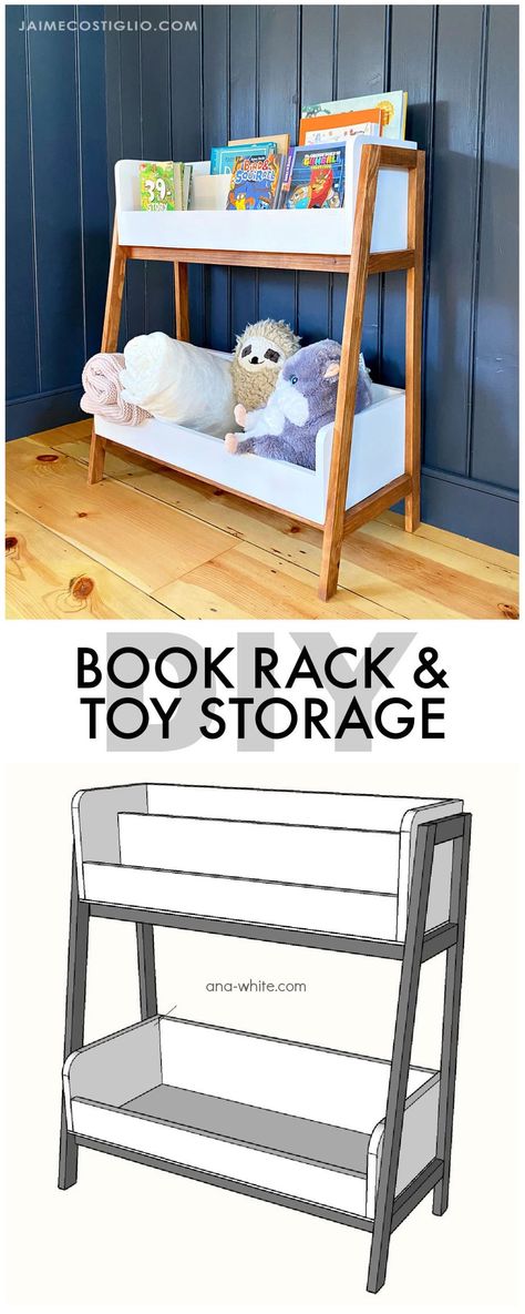 A DIY tutorial to build a book rack and toy storage unit. Make this generous sized open access shelf for lots of books and toys. Diy Kids Book Storage, Diy Book Rack, Diy Toy Organizer, Wood Toy Storage, Toddler Bookcase, Barnwood Projects, Cardboard Ideas, Toy Storage Units, Plywood Diy